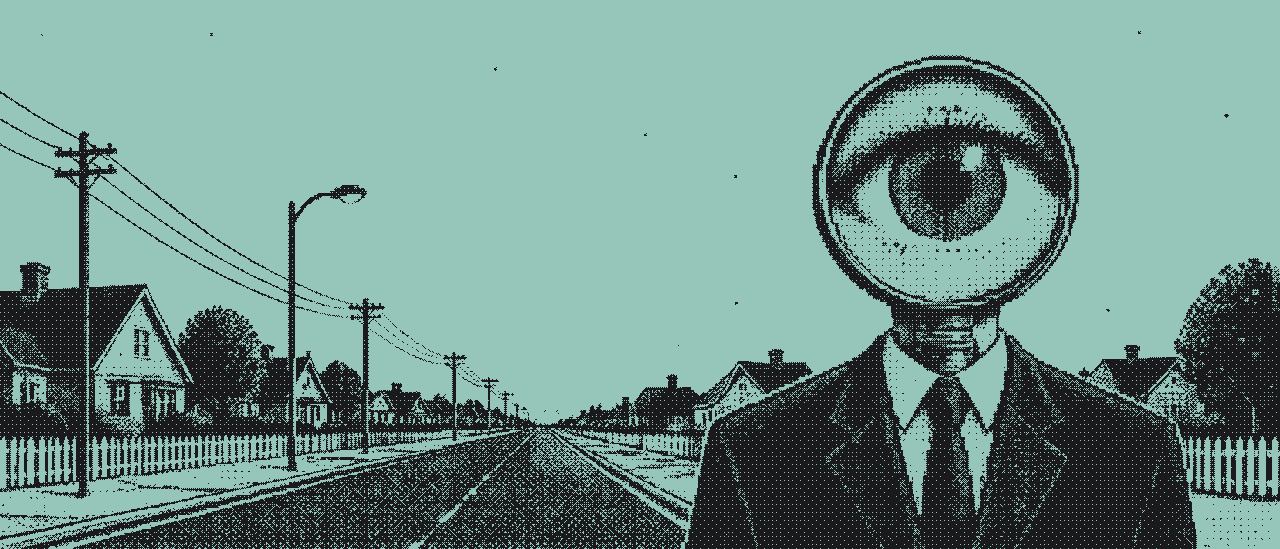 A man in a dark suit whose head is a magnifying lens with an eye inside, on a quiet suburban street at dusk