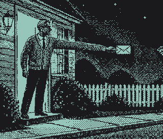 A man in his lit doorway holding out a sealed envelope