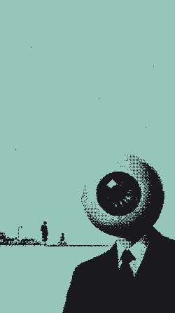 A man whose head is an eye, on an empty street